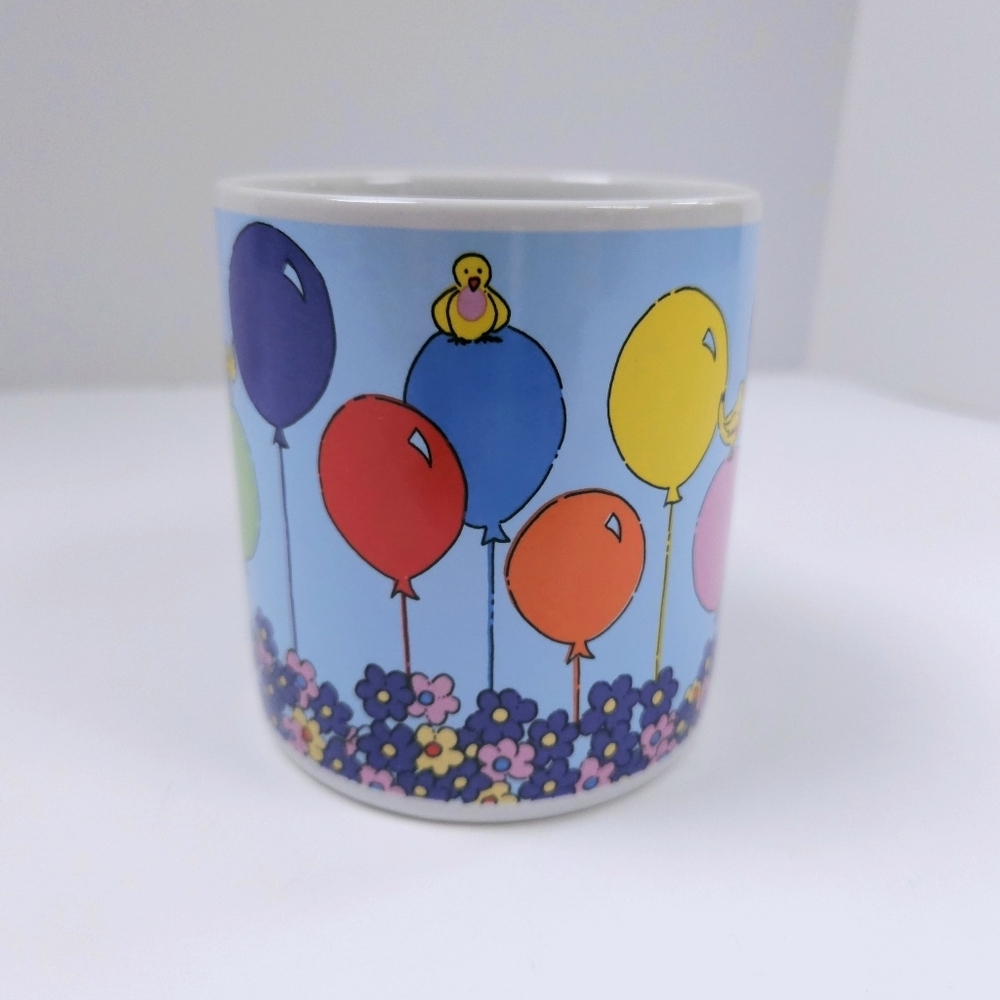 Russ Berrie Vintage Happy Birthday Mug Balloons Flowers Birds 14oz Cup Ceramic